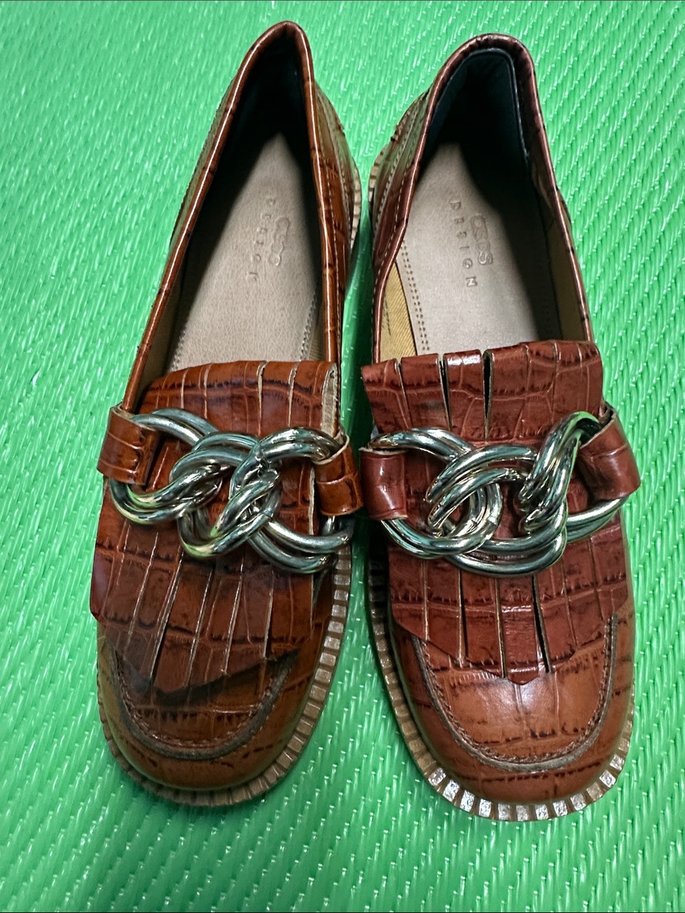 ASOS Brown Croc-Embossed Kids Loafers with Chunky Silver Chain